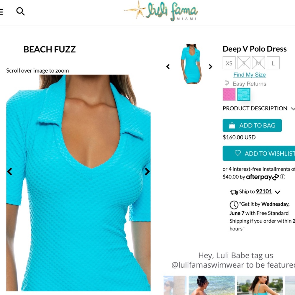 NWT Luli Fama “Beach Fuzz Deep V Polo Dress, Daydream Blue, size Small